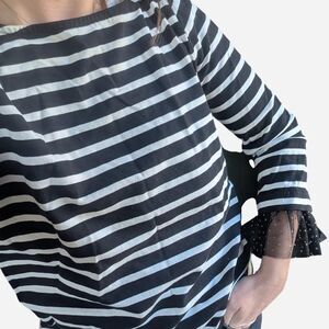 J.Crew black & white striped blouse with tulle sleeves.